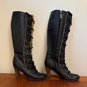 Seychelles Black Tall Lace-Up High Heel Boots Zipper Floral size 8 women’s